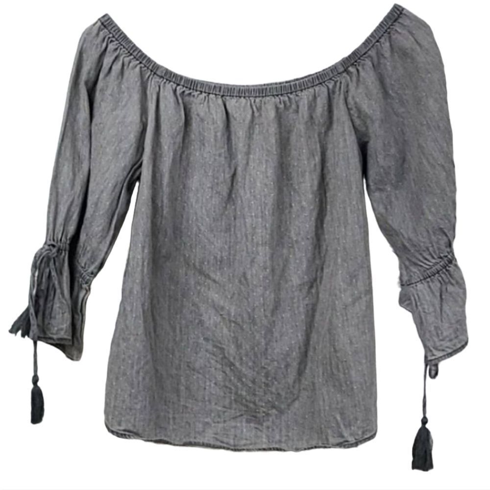 Grey Chambray Off Shoulder Blouse Tassel Tie Ruffled Bell Sleeve Peasant Top